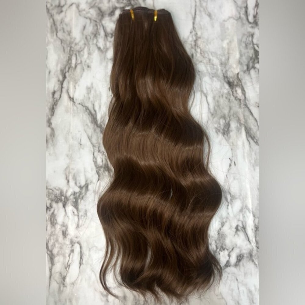 20 IN VOLUMIZING WEFT CLIP IN SET CHESTNUT BROWN CURLY WAVE HAIR EXTENSIONS
